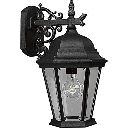 Progress Lighting P5683-31 Wall Lantern with Scroll Arm Combined with The Brilliant Clarity Of Clear Beveled Glass, Textured Black