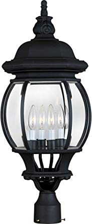 Maxim 1038BK Crown Hill 4-Light Outdoor Pole/Post Lantern, Black Finish, Clear Glass, CA Incandescent Incandescent Bulb , 60W Max., Dry Safety Rating, Standard Dimmable, Frosted Glass Shade Material, Rated Lumens