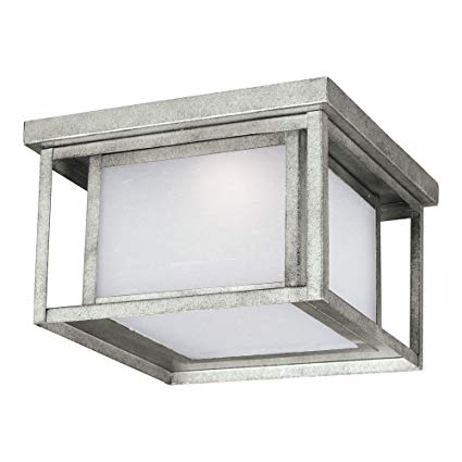 Sea Gull Lighting 7903991S-57 Hunnington LED Outdoor Flush Mount Ceiling Light with Etched Seeded Glass Panels, Weathered Pewter Finish