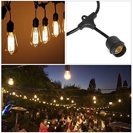 ProGreen LED Outdoor String Lights, 48ft Commercial Grade Outdoor Valentine's Day Romantic Decorations Light Strand with 15 Hanging Sockets Weatherproof for Patio Garden Yard (DIY No Bulbs)
