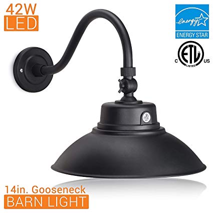 14in. Black Gooseneck Barn Light LED Fixture for Indoor/Outdoor Use – Photocell Included - Swivel Head - 42W - 3800lm - Energy Star Rated - ETL Listed - Sign Lighting - 3000K (Warm White)