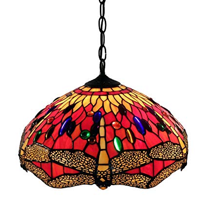 Whse of Tiffany P161467A Tiffany Style Dragonfly Hanging Lamp, Red