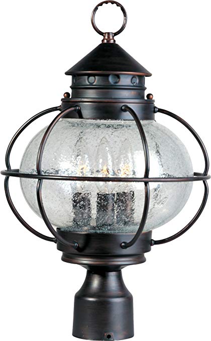 Maxim 30500CDOI Portsmouth 3-Light Outdoor Pole/Post Lantern, Oil Rubbed Bronze Finish, Seedy Glass, CA Incandescent Incandescent Bulb , 60W Max., Damp Safety Rating, Standard Dimmable, Frosted Glass Shade Material, Rated Lumens
